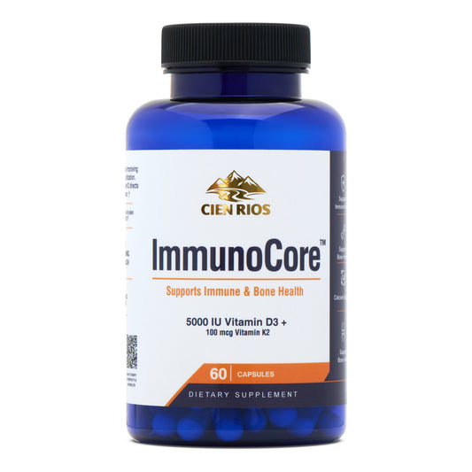 ImmunoCore D3 + K2 bottle, 60 capsules — studio front