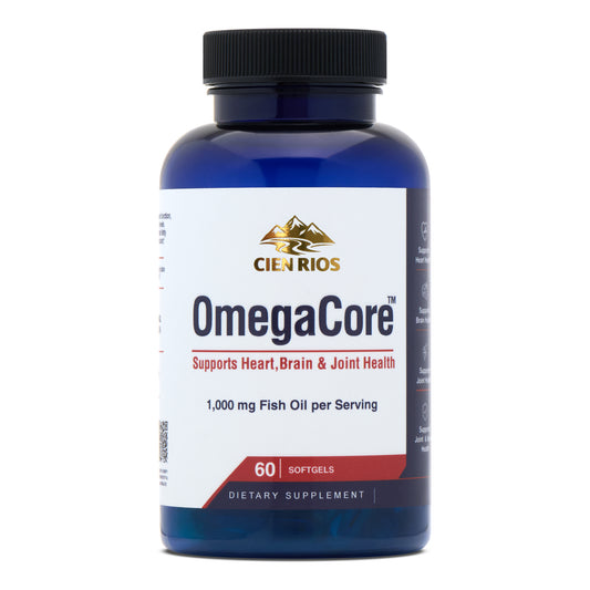 OmegaCore omega-3 fish oil bottle, 60 softgels — studio front