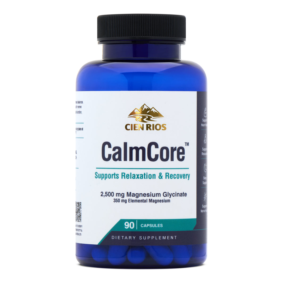 CalmCore magnesium glycinate bottle, 90 capsules — studio front