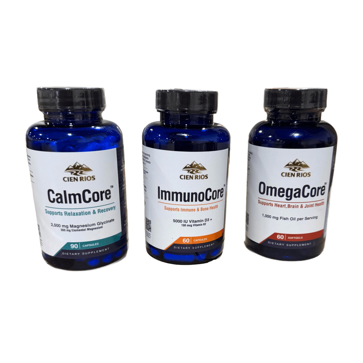 Foundation Stack — CalmCore, ImmunoCore, and OmegaCore bottles on a white background