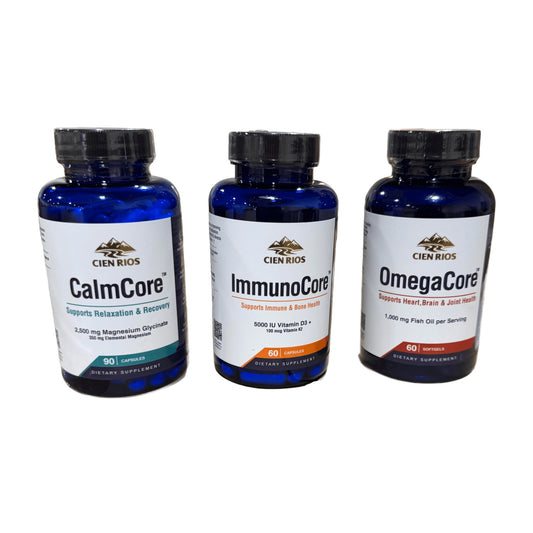 Foundation Stack — CalmCore, ImmunoCore, and OmegaCore bottles on a white background